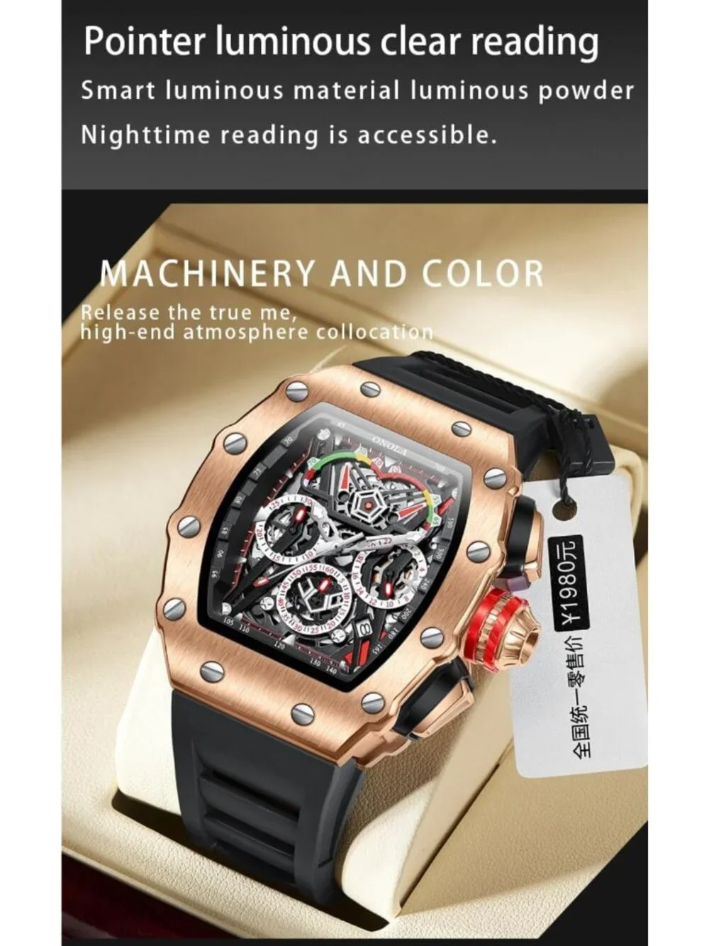 Stylish Men's Skeleton Chronograph Watch with Big Face & Silicone Strap, 30M